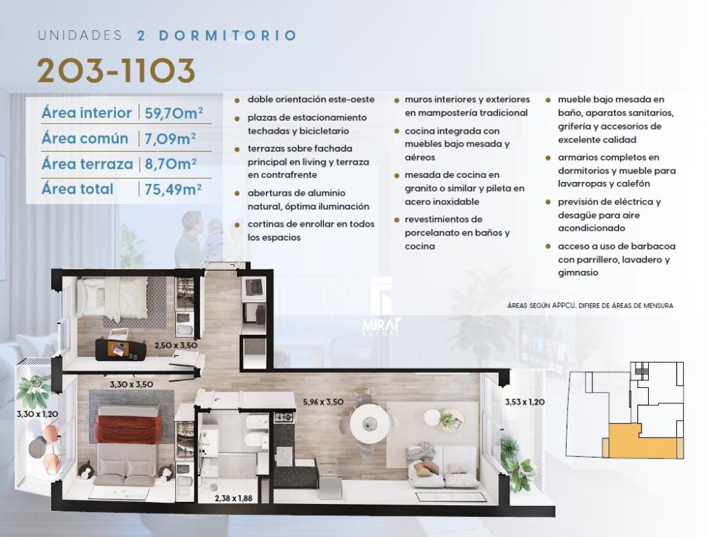Venta de apartamento de 2 dormitorios a estrenar en Cordón Sur.