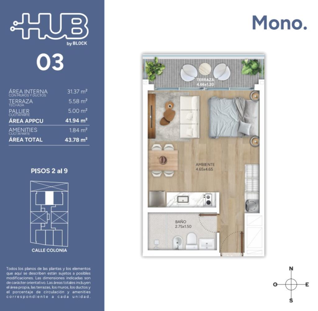 Venta de apartamento monoambiente en Cordón - HUB by Block