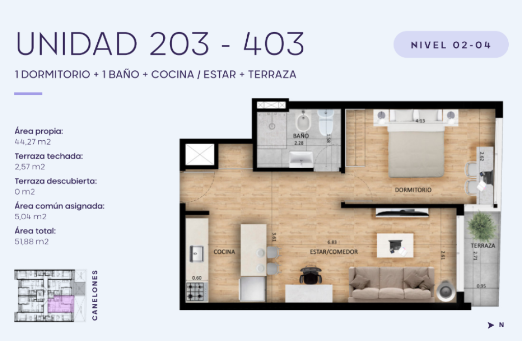 Alquiler apartamento 1 dormitorio a estrenar en Cordón Sur.