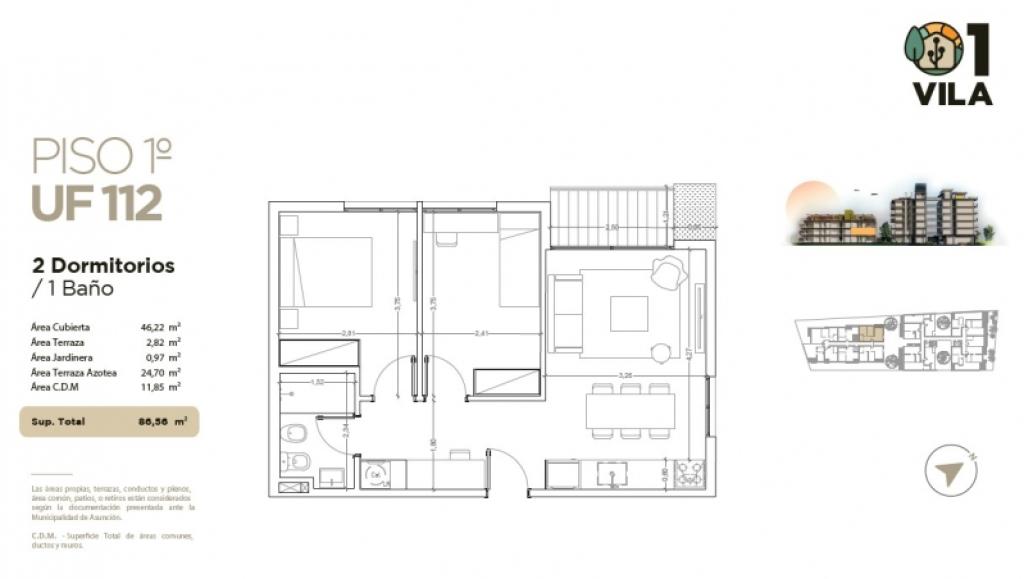 Venta apartamento en 01 VILA - 2 dormitorios con terraza propia. 