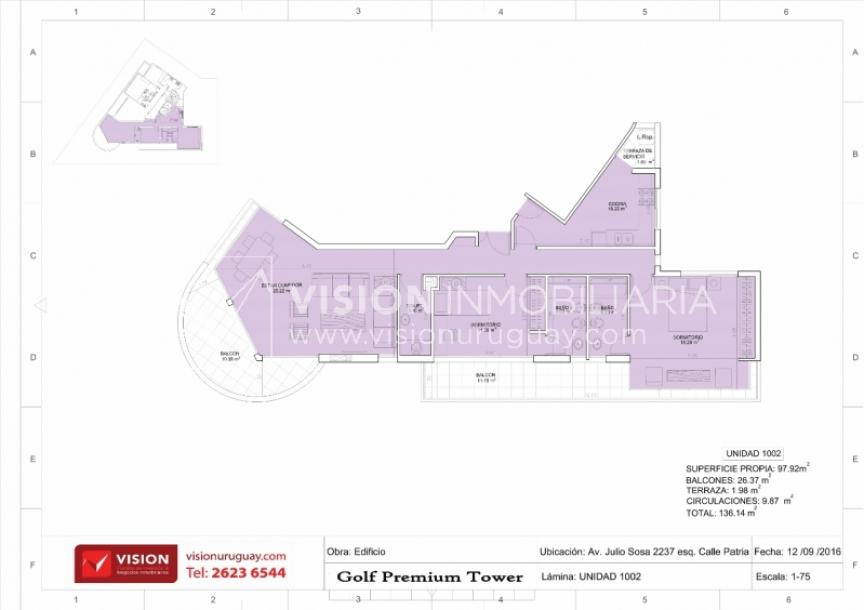 Apto frente al GOLF, 2 Dormitorios en Suite, piso 10-13