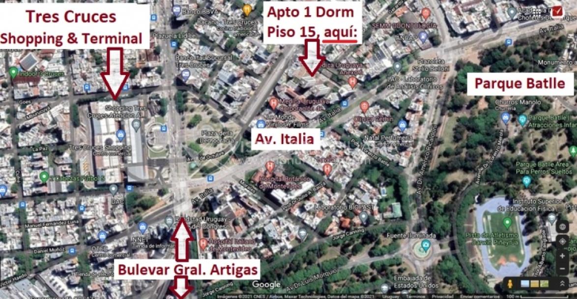 Tres Cruces Apto 1 Dorm, Piso 15 - vistas, Balcón y Terraza Lav, 43 m2.-64