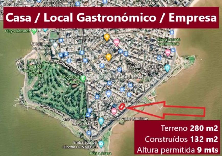 Padrón Único de 280 m2 en Punta Carretas a 50 mts. de Rambla. 132 m2 construidos. Ideal para proyectar su casa, edificio de 3 o 4 pisos, empresa, local gastronómico o restaurante, clínica, instituto u otro. Originalmente 2 dorm y 2 baños, garaje, pat-1